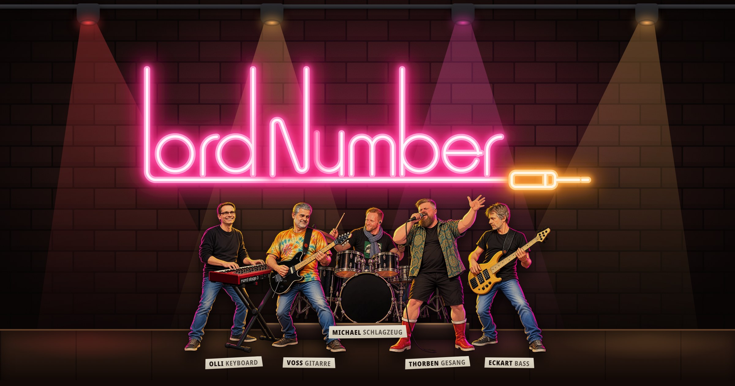 Die Bühne von Lord Number: das Neonschild, darunter die fünf als gezeichnete Figuren